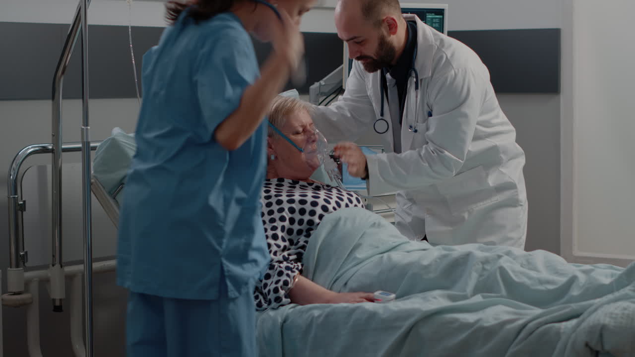 Ill woman with heavy breathing asking for medical help in bed