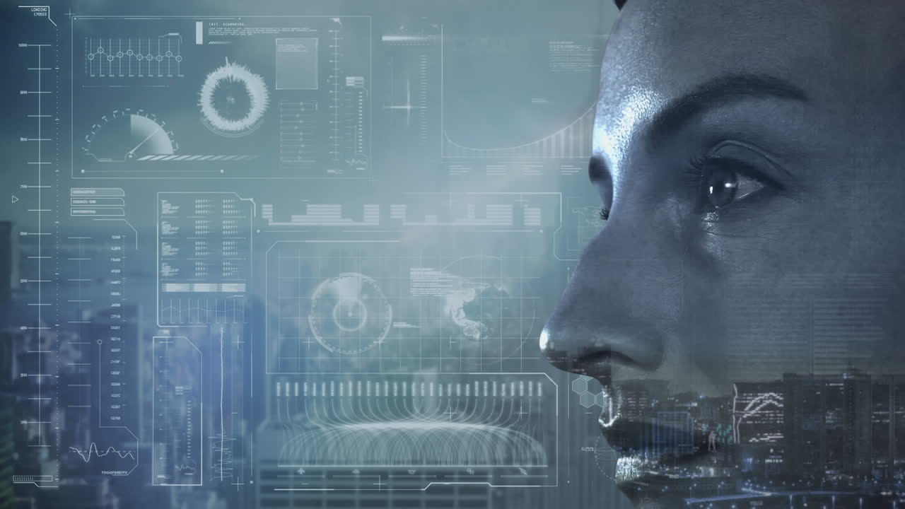 Animation of a Caucasian woman profile with data processing over a cityscape in the background.