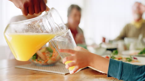 Family,-lunch-and-hands-pour-juice-for-child