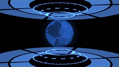 digital 3d earth sphere with futuristic digital hud in high tech lab base and digital circuit glowing around.