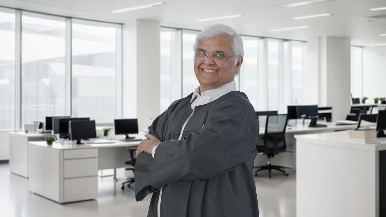 retrato de un abogado senior indio feliz de pie con las manos cruzadas