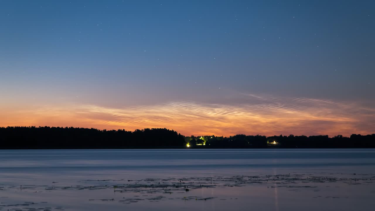 A dramatic Timelapse of a colourful sky above and blue water below