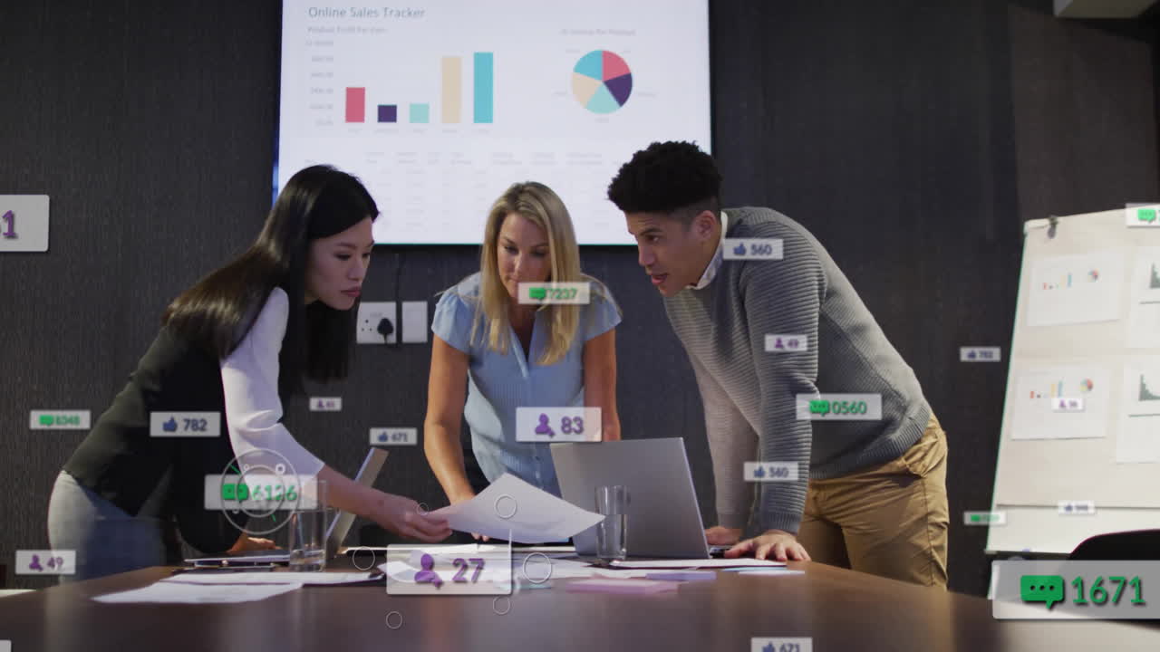 Analyzing documents with animation overlay, business team tracking online sales data