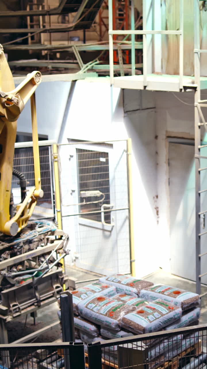 Mechanical robot with artificial intelligence sorts bags on the conveyor. Putting bags from line to the pallet. Process closeup. Vertical video