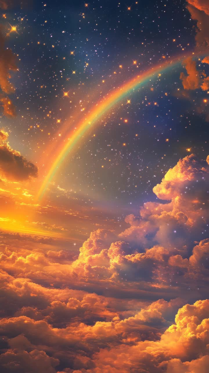 A dreamy, low-angle video scene of a vibrant rainbow arching over a sunset sky filled with fluffy