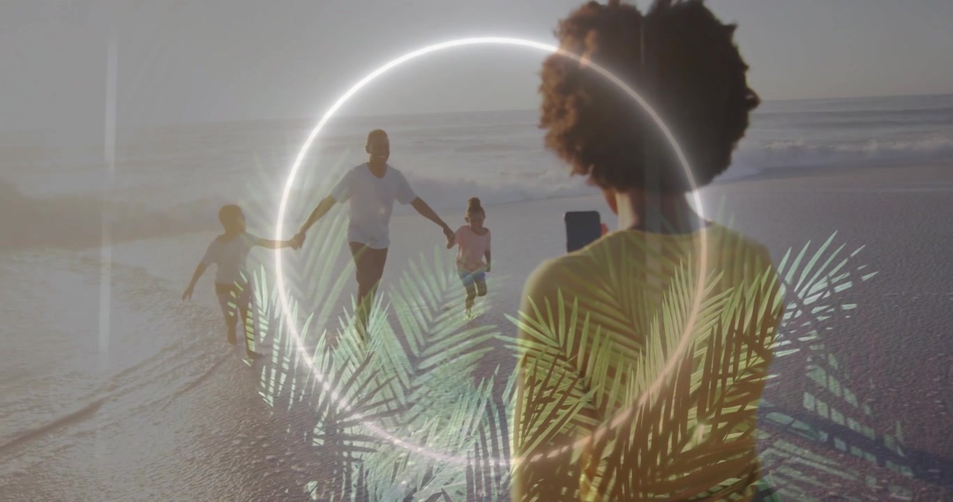 Família chegando enquanto mulher filma, levantando o telefone e ativando um anel de luz com gráficos de palmeiras para conteúdo.