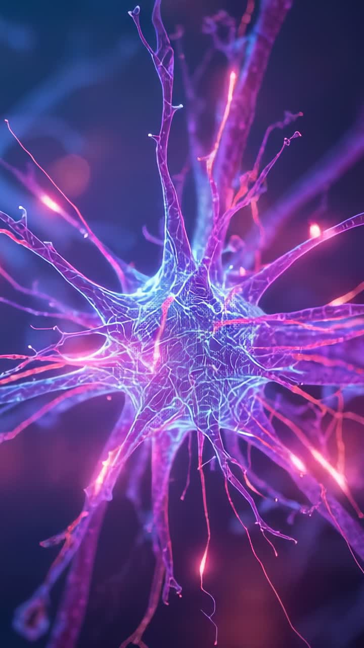 Vertical video: Reacting to ionic pulse, neuron core rotating and pulsing, sending sparks in dark