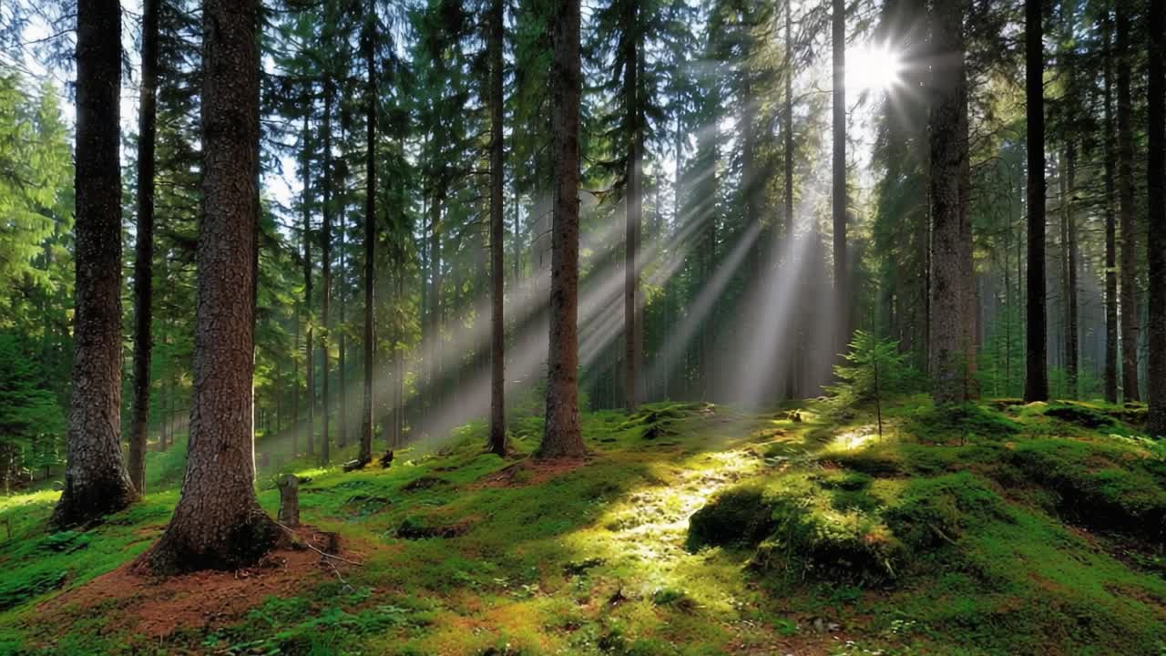 A Serene Forest Landscape Bathed in Sunlight: Vibrant Greenery, Towering Pine Trees, and Gentle Sunrays Create a Tranquil Natural Setting Filled with Life