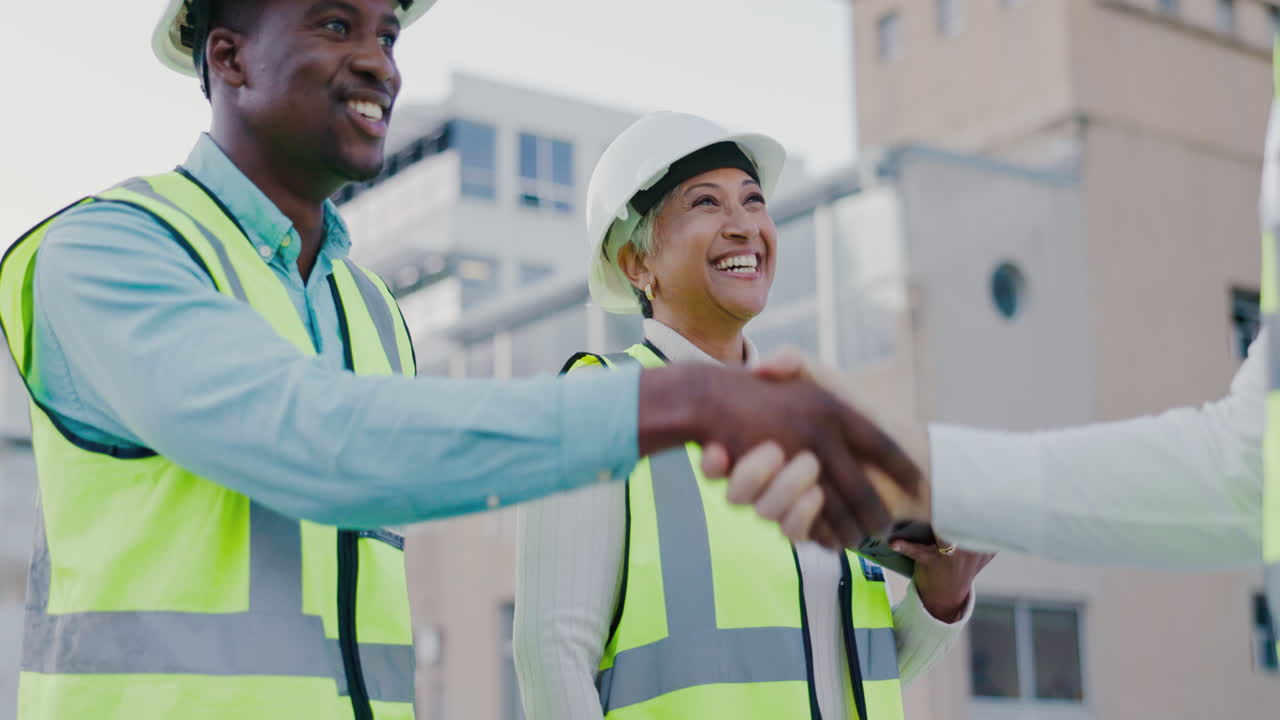 Handshake, architecture and people on construction