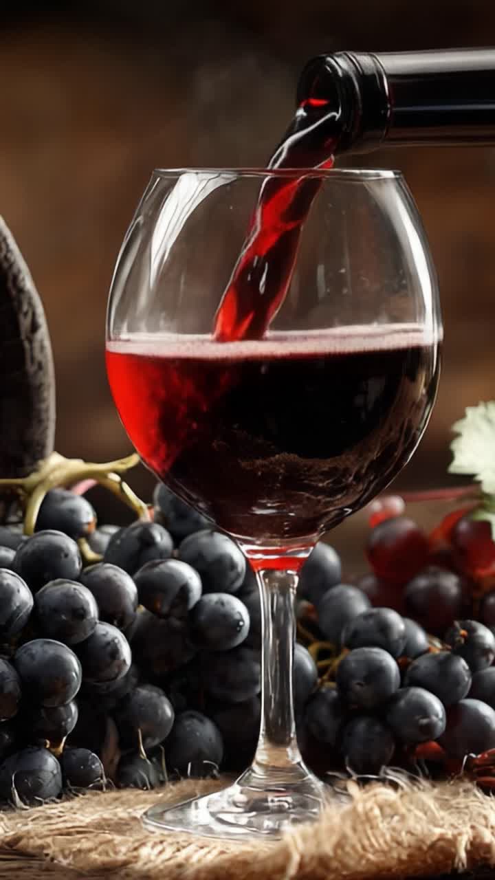 Un affascinante versamento di ricco vino rosso in un elegante bicchiere circondato da uva fresca, per creare un’immagine perfettamente invitante per appassionati ed esperti di vino
