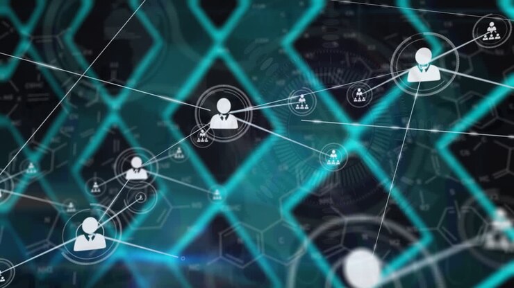 Animation of network of connections over green pattern and black background