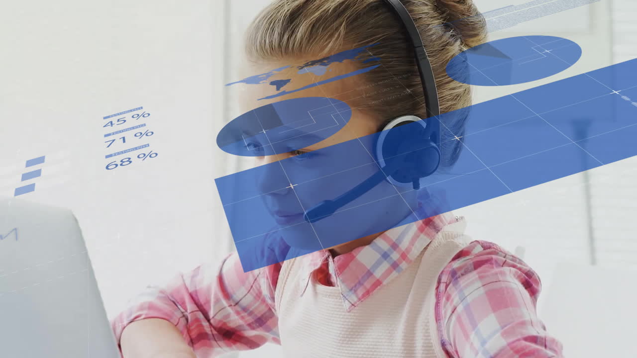 animación de procesamiento de datos financieros sobre chica caucásica usando auriculares de teléfono