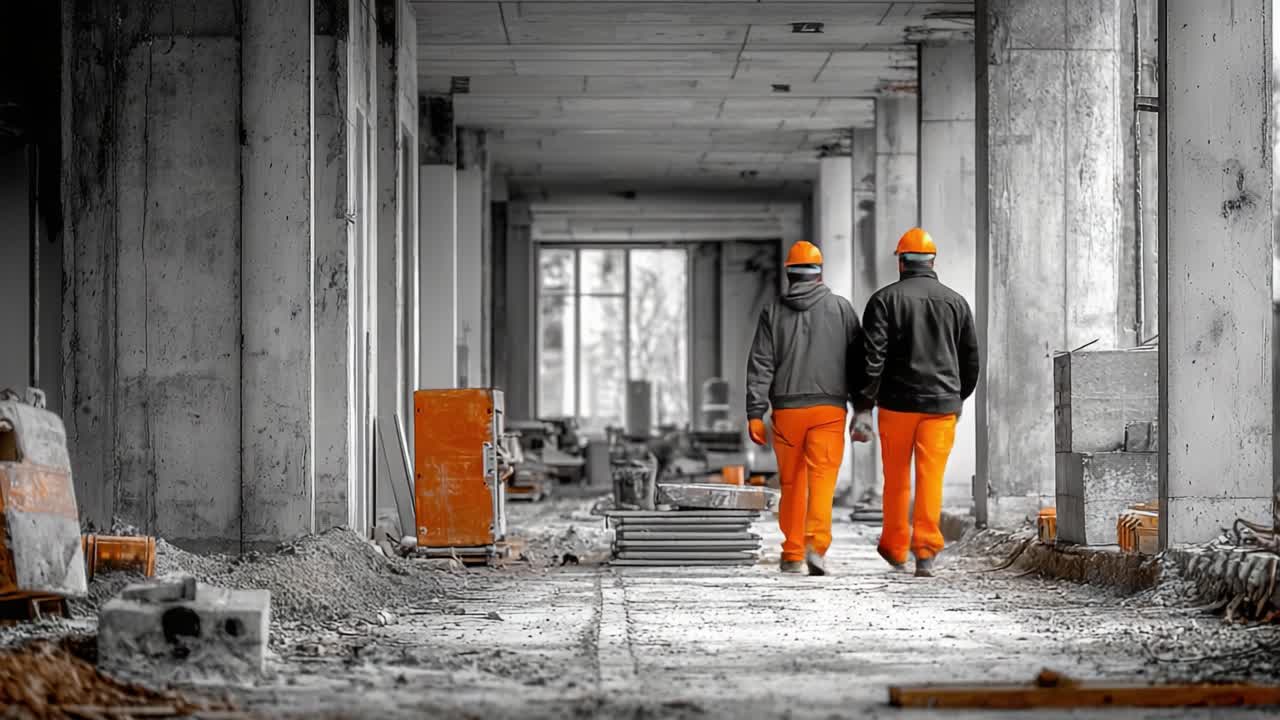 Two Construction Workers in Bright Orange Gear Walking Through an Abandoned Building Corridor, Highlighting the Challenges of Urban Development and Renovation Efforts
