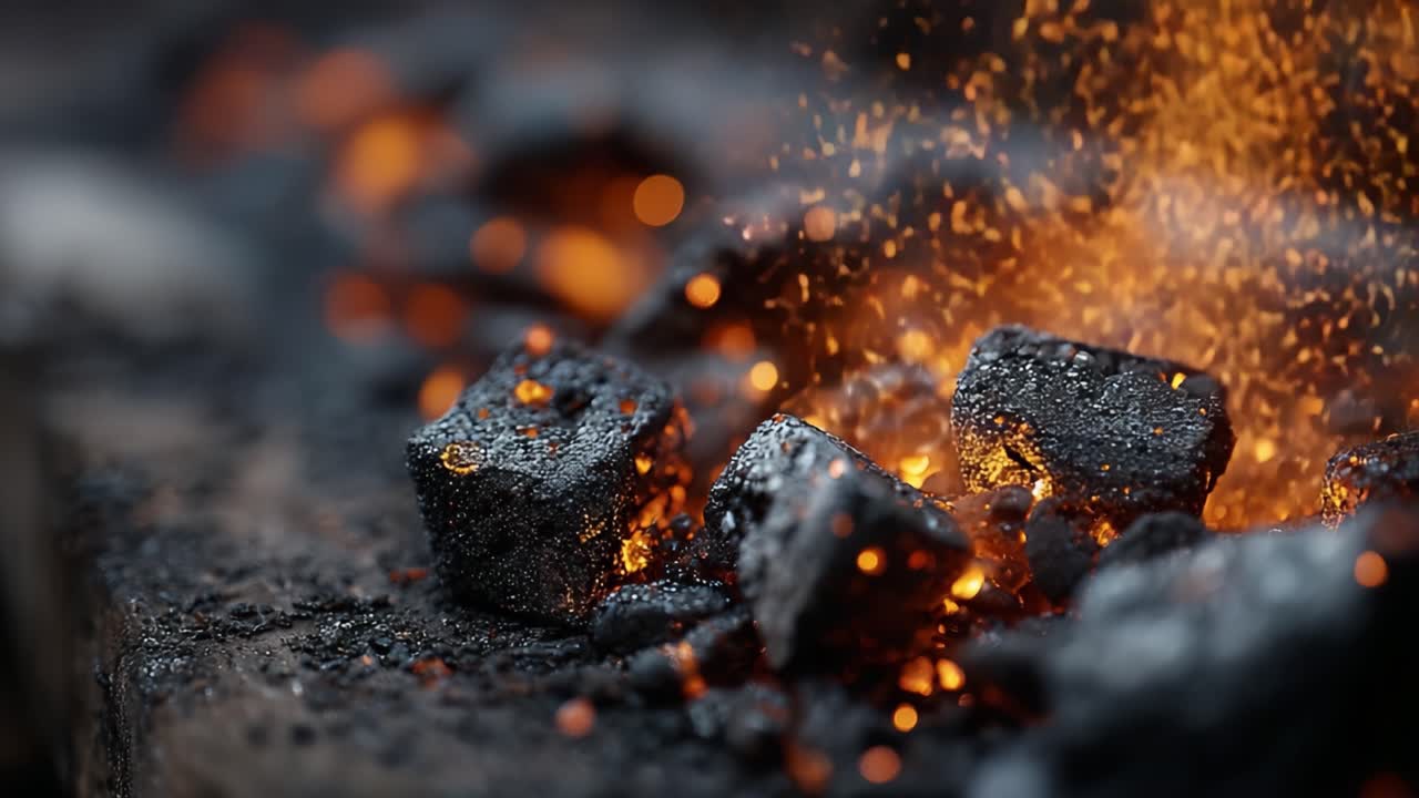 Sequenza Ravvicinata di Carbone Ardente con Scintille che Eruttano, Evidenziando il Calore Intenso e la Colorazione Vivida dei Carboni Accesi, Perfettamente Catturata in Due Fotogrammi Distinti