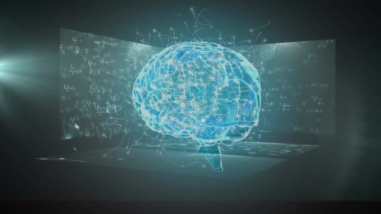 인간의 뇌는 수학적 방정식과 녹색 배경에 빛의 반점이 있는 스크린에 대해 회전합니다.