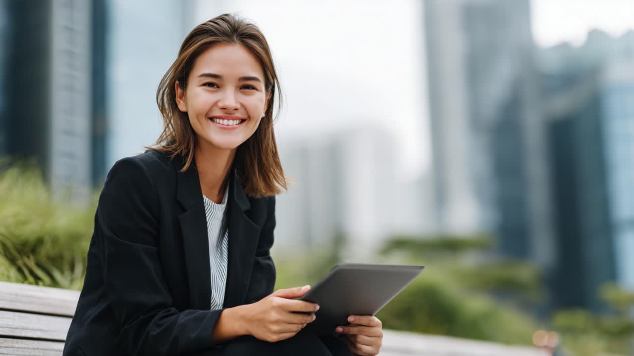 Smiling Young Professional Woman Engaged with a Tablet in a Modern Urban Environment, Radiating Confidence and Positivity Amidst a Relaxed Setting