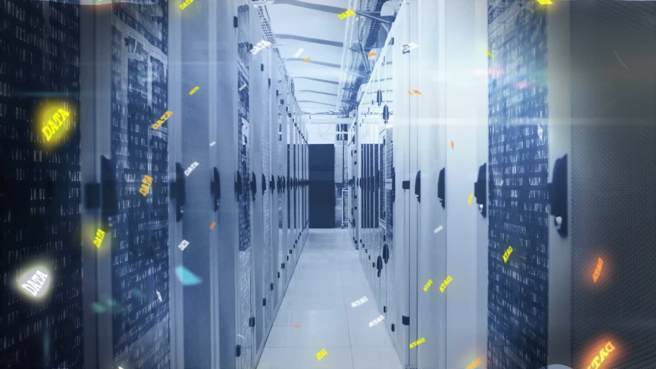 Glowing DATA tokens emerging at aisle edges drifting inward, intensifying, showing data flow