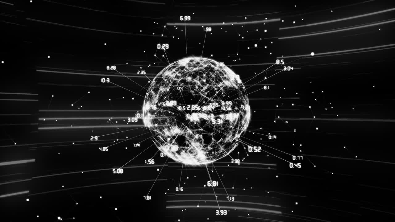 animación del procesamiento de datos con globo de conexiones y rastros de luz sobre fondo negro