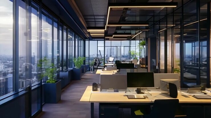 Modern Empty Office Interior with City View and Desks