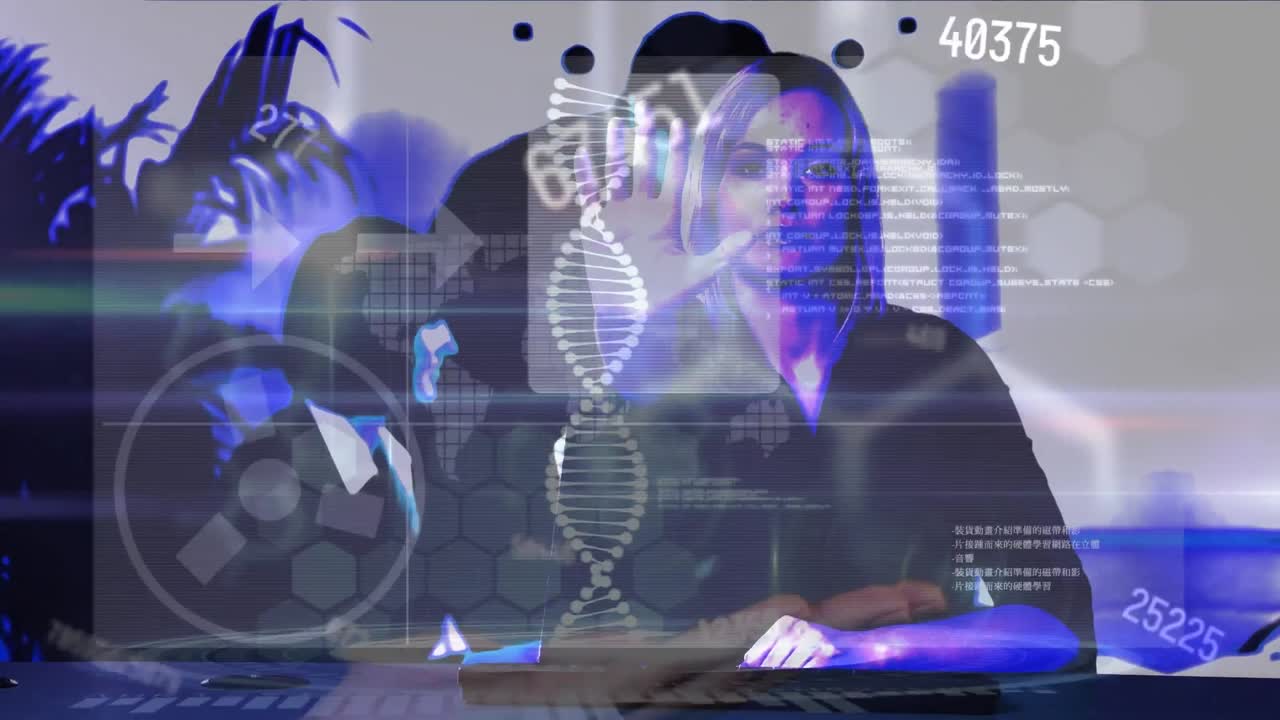 animación de cadena de adn y números con procesamiento de datos sobre mujer de negocios