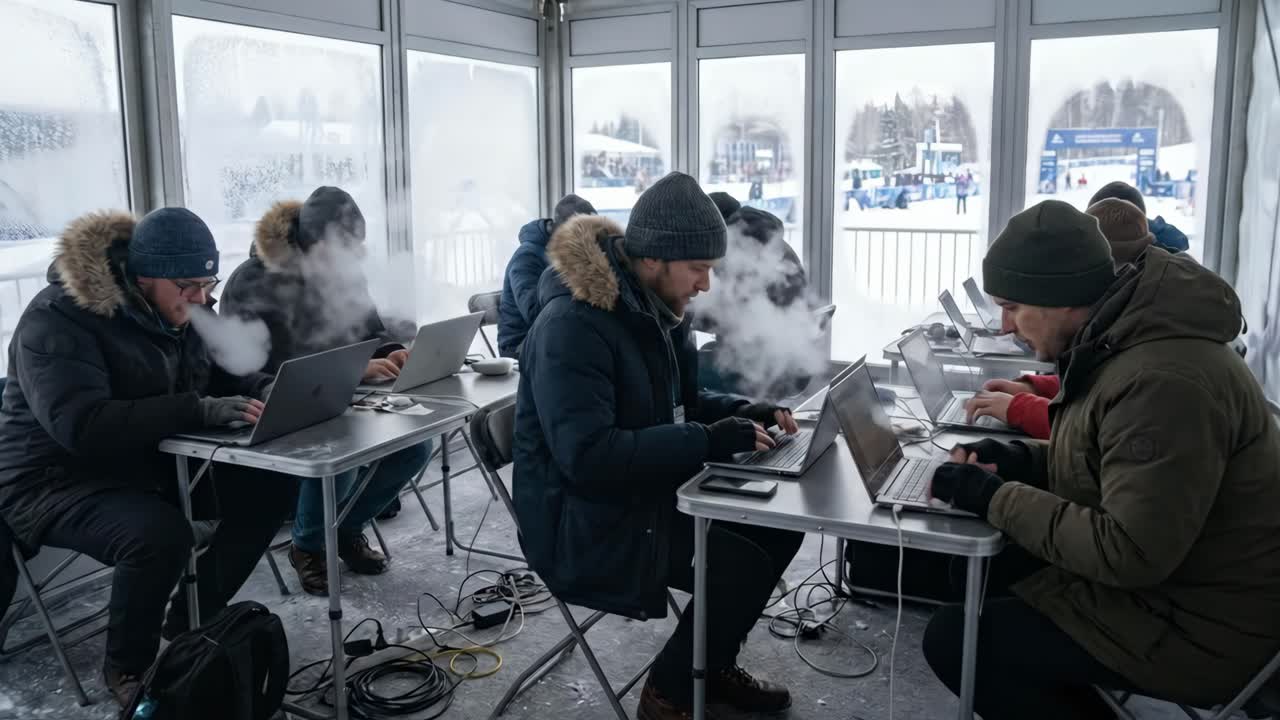 Мужчины работают на ноутбуках в холодном уличном медиацентре