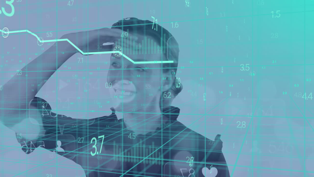 Animation of financial data processing over caucasian businesswoman