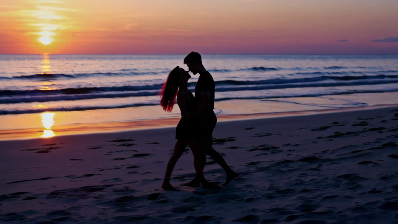 Couple Silhouettes at Sunset on the Beach