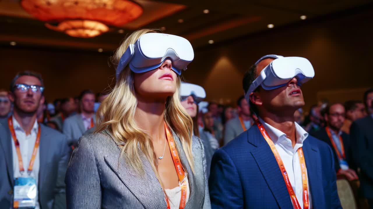 Audience Engaged in Immersive Virtual Reality Experience at a Technology Conference, Showcasing the Future of Interactive Entertainment and High-Tech Solutions