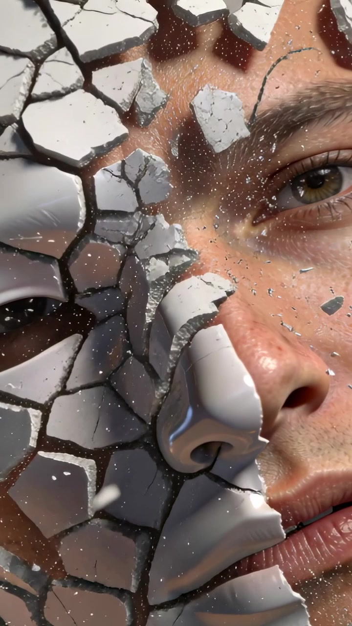 Vertical video: Starting AR filter, man holding gaze as white mask cracking, revealing skin at home
