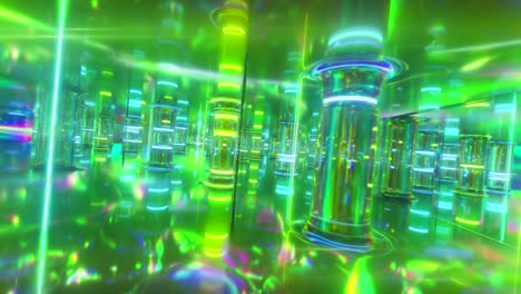 fly through a futuristic corridor along neon glass pillars and columns. modern ultraviolet neon glow. seamless loop 3d render