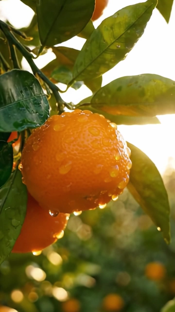 Uno Sguardo Ravvicinato ad Arance Fresche, Bagnate di Rugiada, Appese a Rami Verdi Rigogliosi Sotto una Luce Solare Intensa, Catturando l'Abbondanza della Natura e la Vibrante Bellezza Colorata