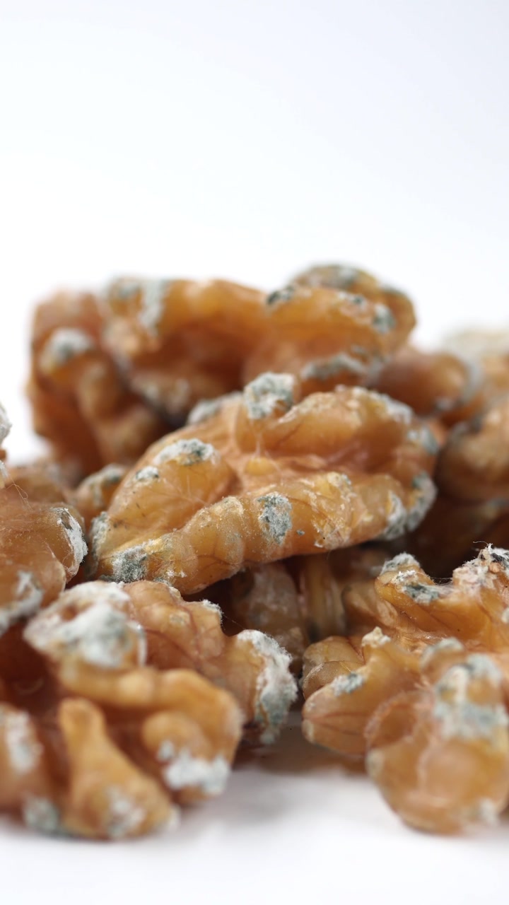 Detailed View of Spoiled Walnuts Covered in Mold