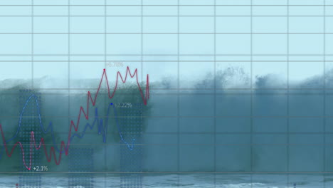 Animation-of-data-processing-and-diagrams-over-sea-waves