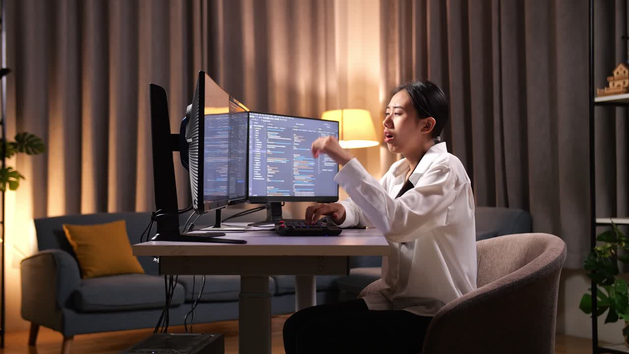 Asian Woman Programmer Yawning While Creating Innovative Software Engineer Developing App, Program, Video Game On Desktop Computer At Home. Terminal With Coding Language