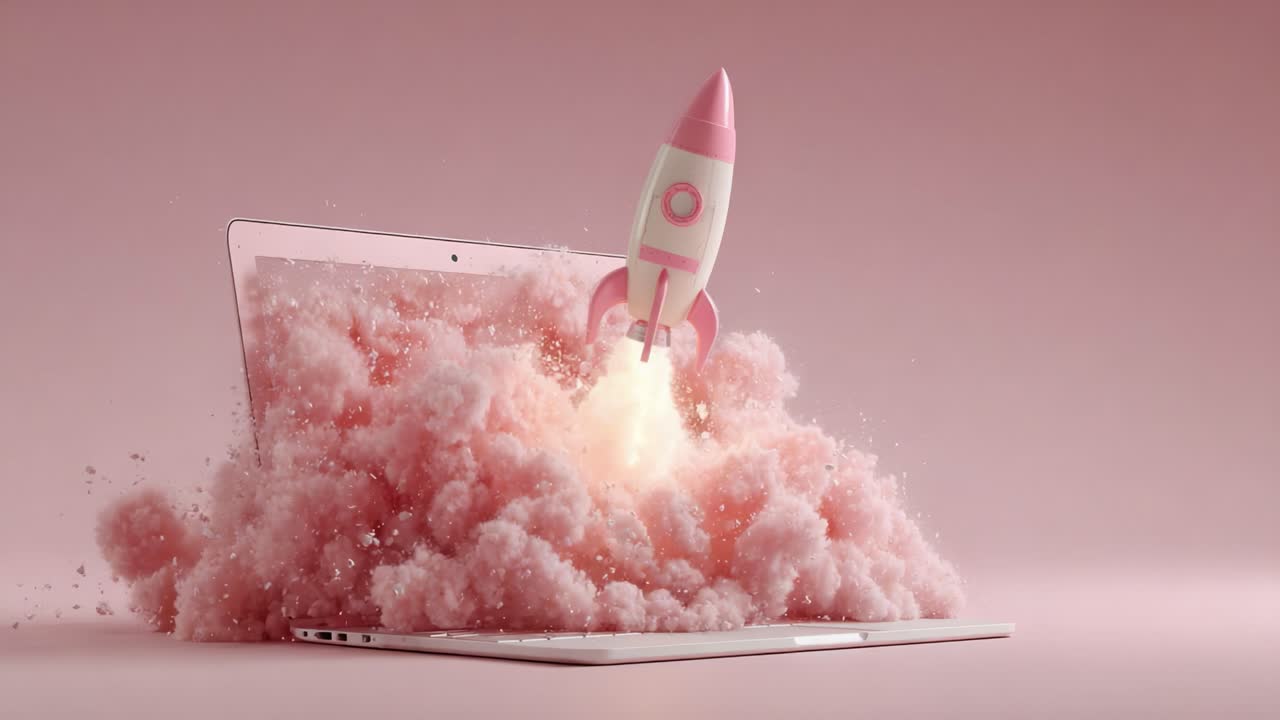 A playful rocket launches from a laptop amidst a fluffy cloud of pink, creating a whimsical scene that blends technology and imagination in a vibrant way