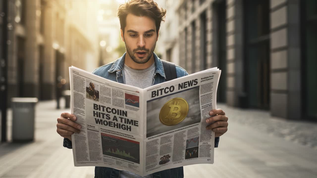 A Young Man Reading a Newspaper Featuring Bitcoin News, As He Stands in a Busy Urban Environment, Capturing the Rise of Cryptocurrency and Modern Economy Trends