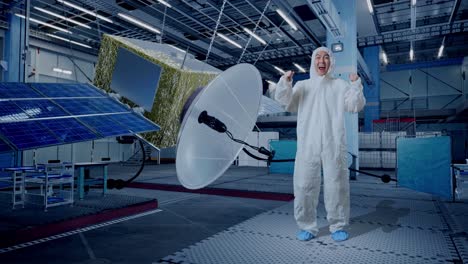 full body of asian male scientist celebrating the succeed while standing with spacecraft construction