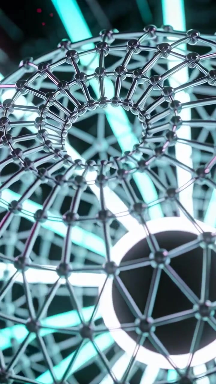 Vertical video: Moving camera studying metal torus rotating in dark set, LED rings and black cores