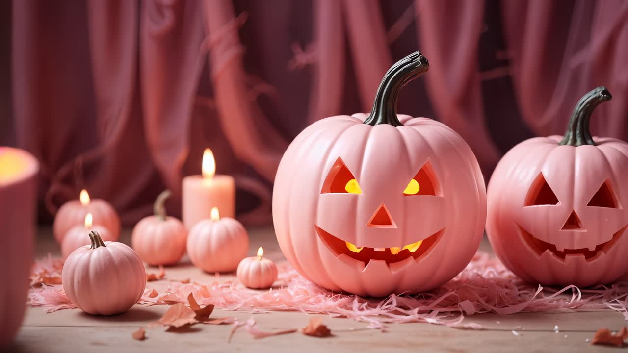 불이 있는 분홍색 할로윈 호박