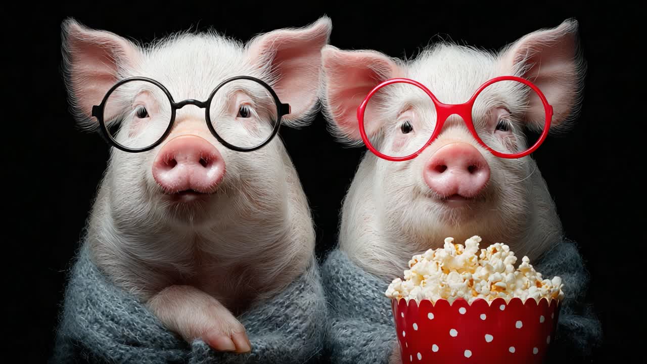 To søte griser med briller som er kledd i søte klær og spiser popcorn i koselige omgivelser: Et fengslende og komisk øyeblikksbilde av vennskap og moro