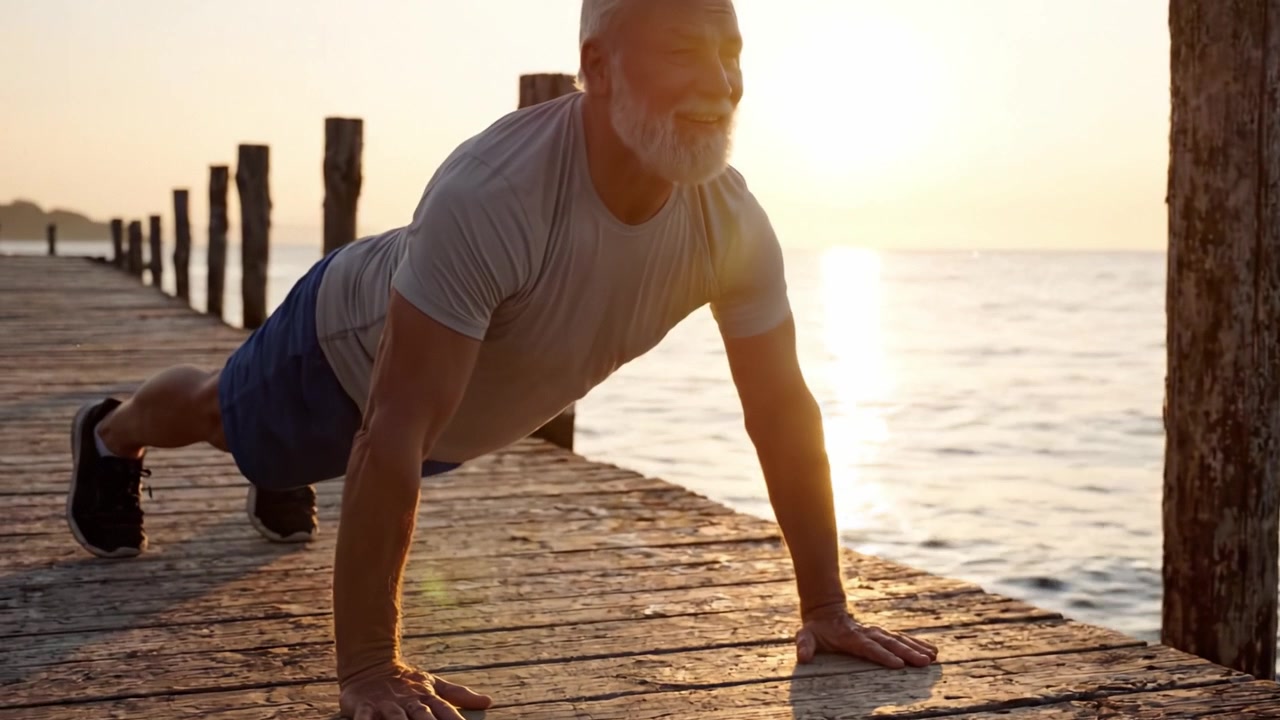 An elderly man performs push-ups on a serene pier at sunset, showcasing dedication to fitness and healthy living amidst a tranquil seaside backdrop.