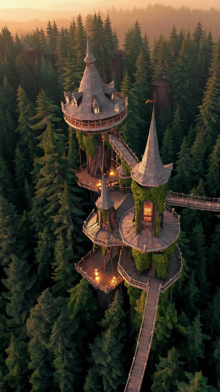 Aerial View of a Magical Treehouse Castle in a Forest