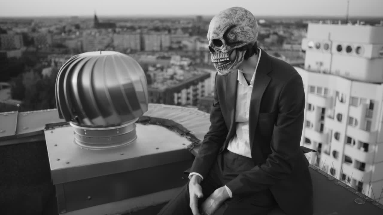 Man in a skull mask sitting on a rooftop overlooking a city in black and white