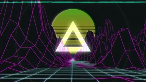 animation of flashing white triangle and ring over rising sun and purple grid landscape on black