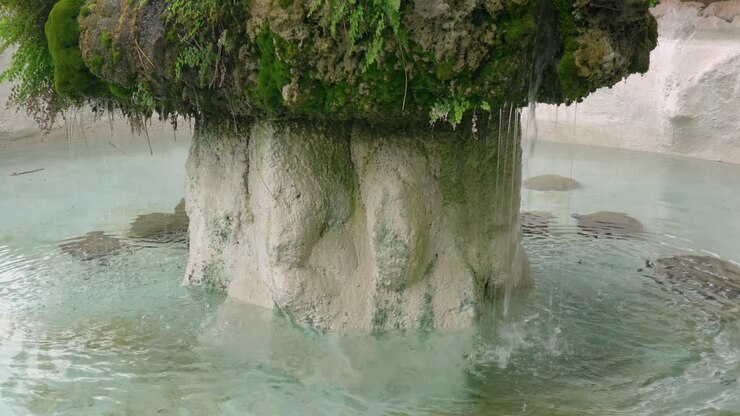 Decorative fountain overgrown with moss and fern with clear water