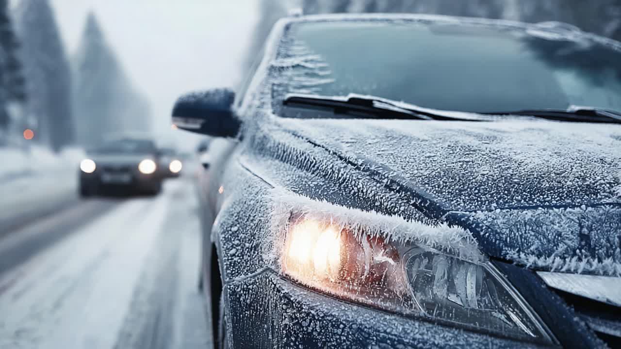A Close-Up View of a Frost-Covered Vehicle on a Winter Road, Capturing the Essence of Driving in Snowy Conditions and the Challenges of Cold Weather Travel
