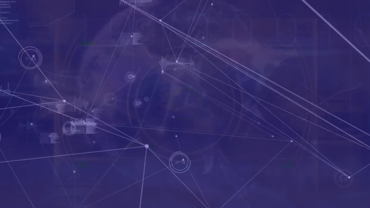 animación de la red de conexiones y procesamiento de datos sobre fondo azul