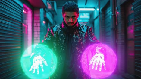 man with glowing robotic hands in a cyberpunk alley