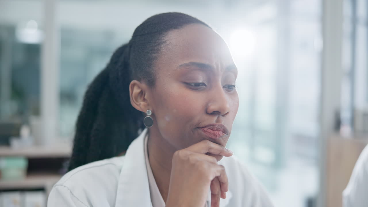 Confused, woman and thinking about mistake in work