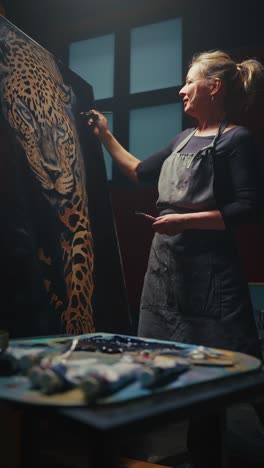 woman artist painting a leopard